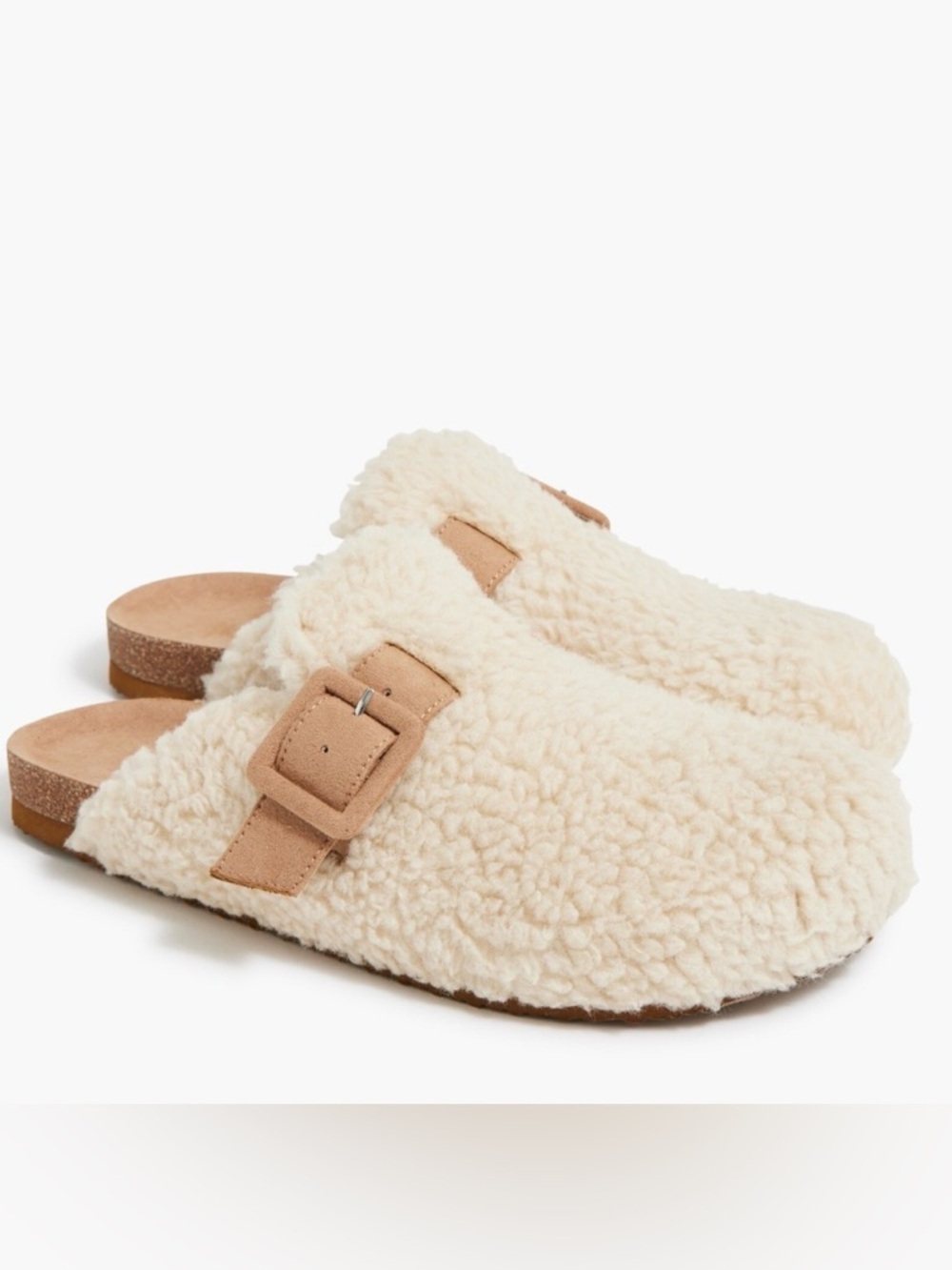 J. Crew Cream Shearling Clog Slippers with Tan Suede Strap